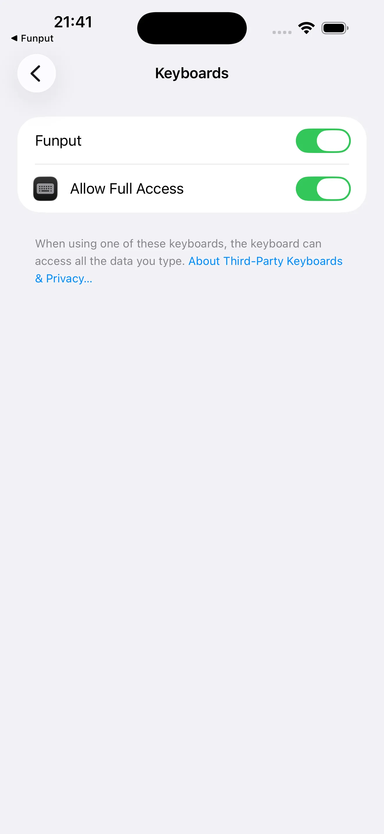 Hướng dẫn iOS: công tắc Funput và Allow Full Access trong Cài đặt đã được bật