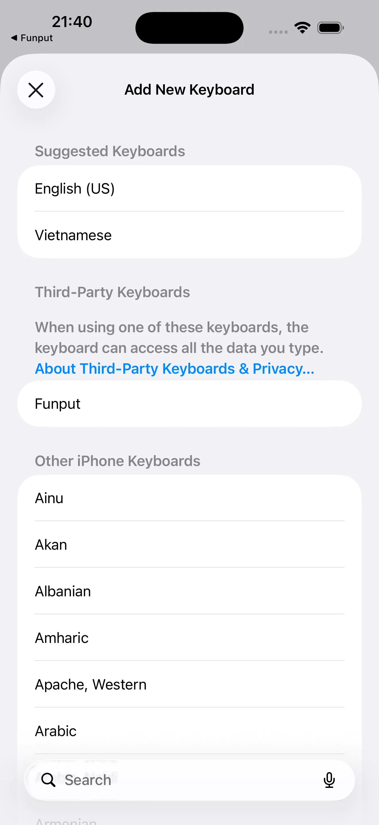 Hướng dẫn iOS: chọn Funput trong nhóm Third-Party Keyboards trên màn hình Add New Keyboard