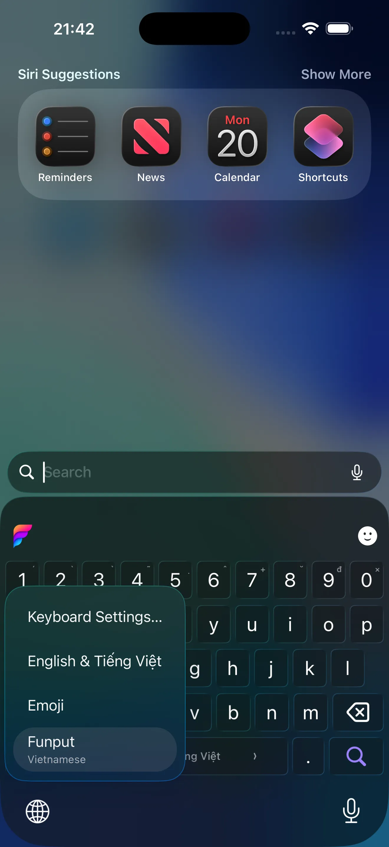 Hướng dẫn iOS: chạm giữ quả địa cầu để mở menu bàn phím và chọn Funput